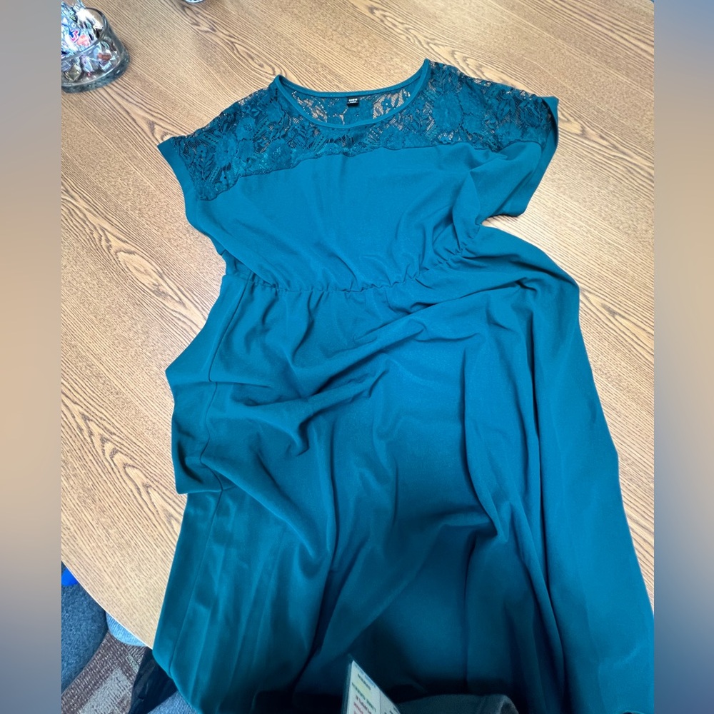Green lace top dress.